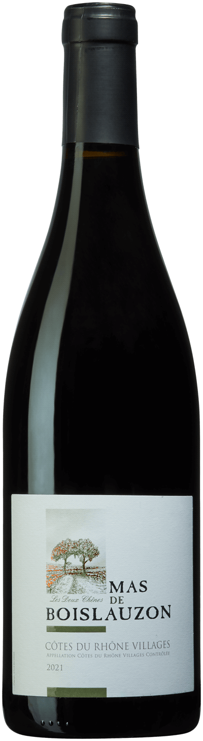 En lättare glasflaska med Mas de Boislauzon Côtes-du-Rhône Villages 2022, ett rött vin från Rhonedalen i Frankrike