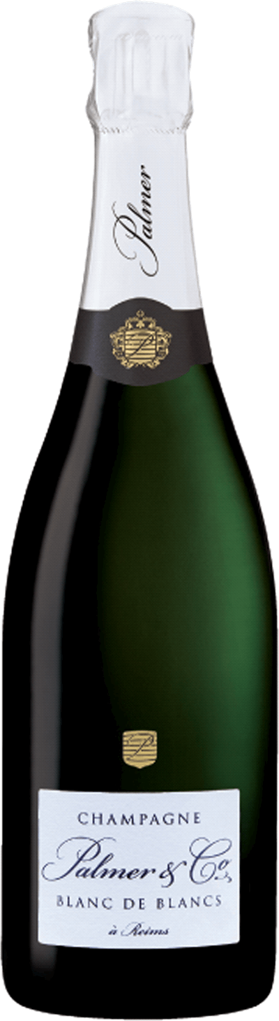 En glasflaska med Palmer Blanc de Blancs 2017, ett champagne från Champagne i Frankrike