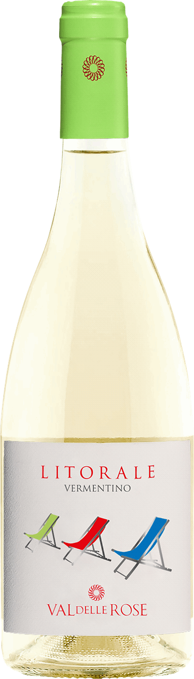 En glasflaska med Val delle Rose/Famiglia Cecchi Litorale Vermentino 2022, ett vitt vin från Toscana i Italien