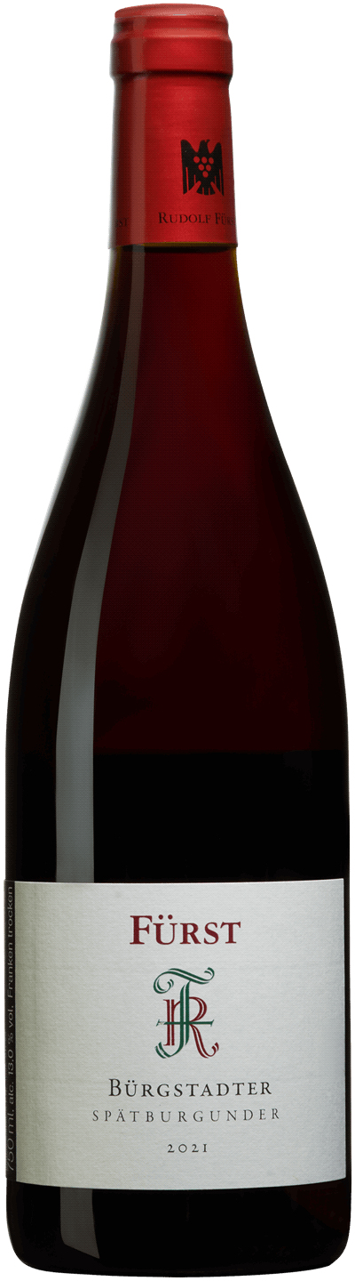 En glasflaska med Weingut Rudolf Fürst Bürgstadter Spätburgunder 2021, en rosévin från Katalonien i Spanien