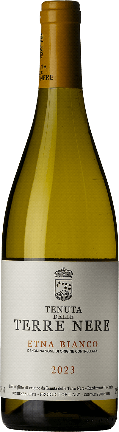 En glasflaska med Tenuta delle Terre Nere Etna Bianco 2023, ett vitt vin från Sicilien i Italien