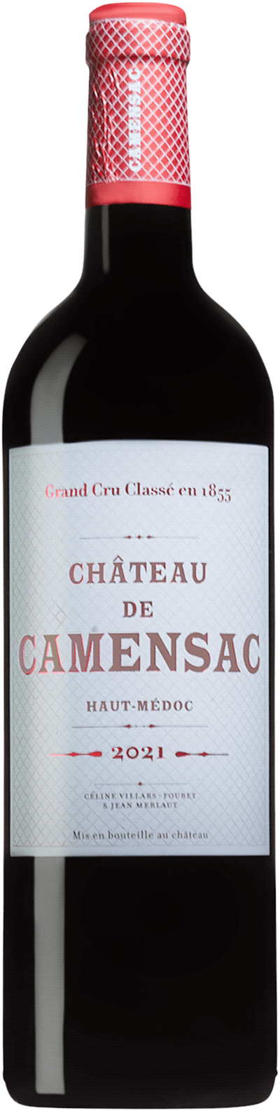 En glasflaska med Château de Camensac 2021, ett rött vin från Bordeaux i Frankrike