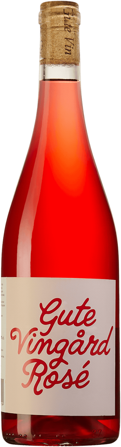 En lättare glasflaska med Gute Vingård Rosè 2023, en rosévin från Sverige