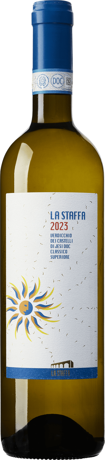 En lättare glasflaska med La Staffa Verdicchio dei Castelli di Jesi Classico Superiore 2023, ett vitt vin från Marche i Italien