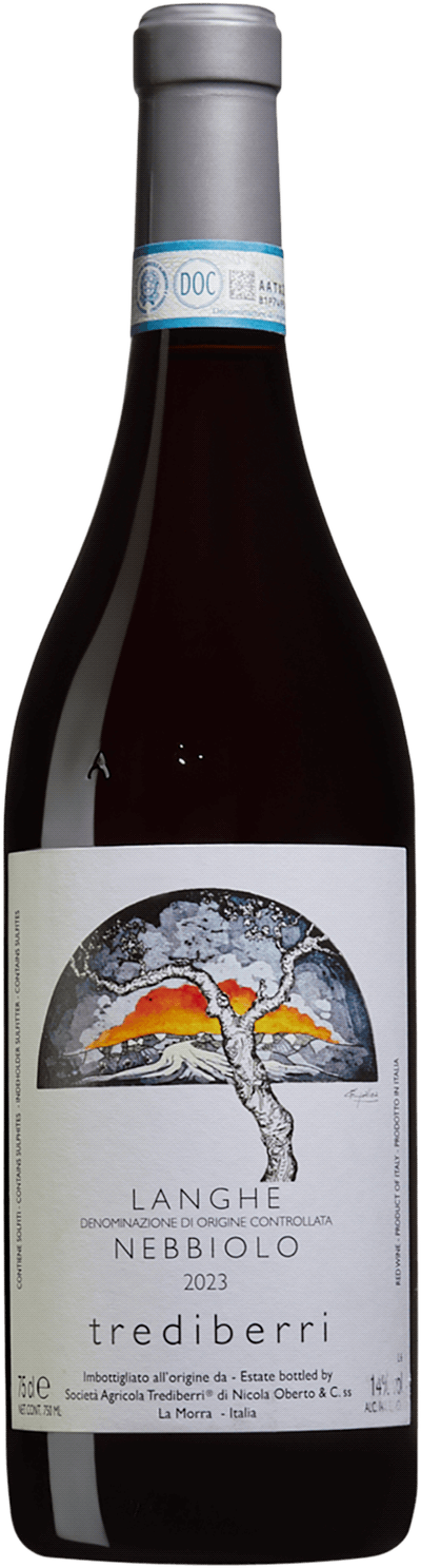En glasflaska med Trediberri Langhe Nebbiolo 2023, ett vitt vin från Jura i Frankrike