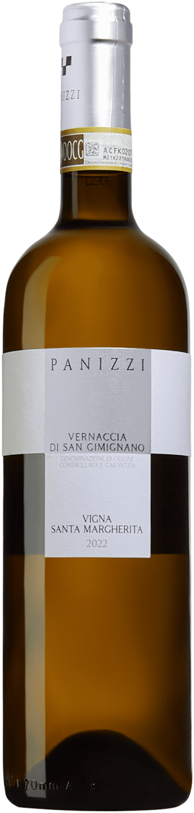 En glasflaska med Vernaccia di San Gimignano Vigna Santa Margherita 2022, ett vitt vin från Toscana i Italien