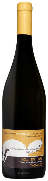En glasflaska med Colli Tortonesi Timorasso 2021, ett vitt vin från Italien
