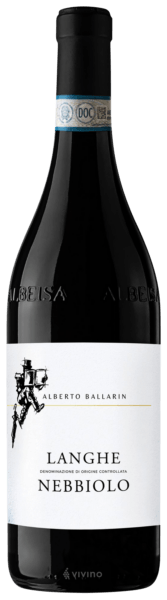 En lättare glasflaska med Alberto Ballarin Langhe Nebbiolo 2022, ett rött vin från Piemonte i Italien