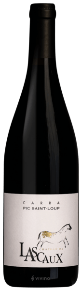 En glasflaska med Château de Lascaux Carra 2022, ett rött vin från Languedoc-Roussillon i Frankrike