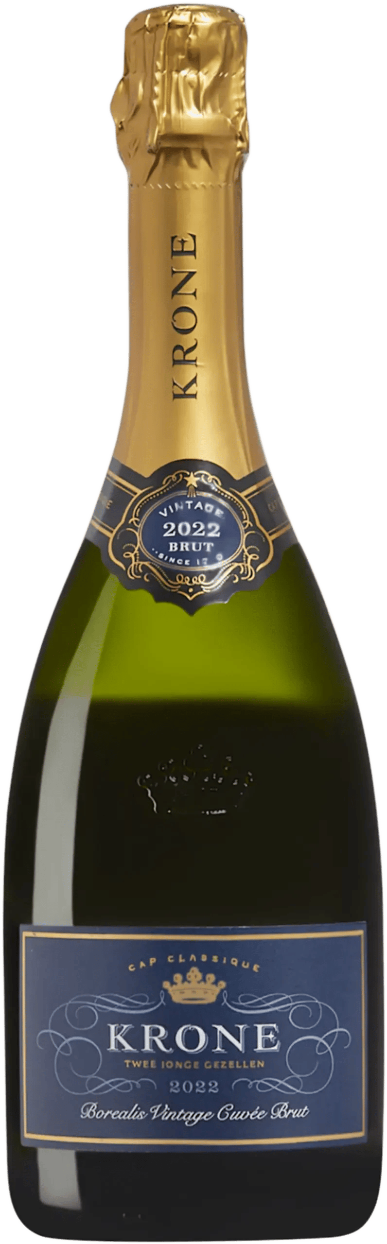 En glasflaska med Krone Borealis Vintage Cuvée, en mousserande från Western Cape i Sydafrika