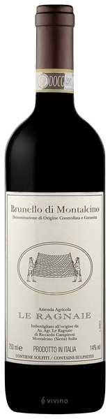 En glasflaska med Le Ragnaie Brunello di Montalcino 2019, ett rött vin från Toscana i Italien