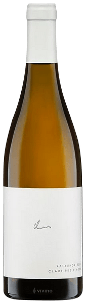En glasflaska med Claus Preisinger Kalkundkiesel Weiss 2023, ett vitt vin från Österrike