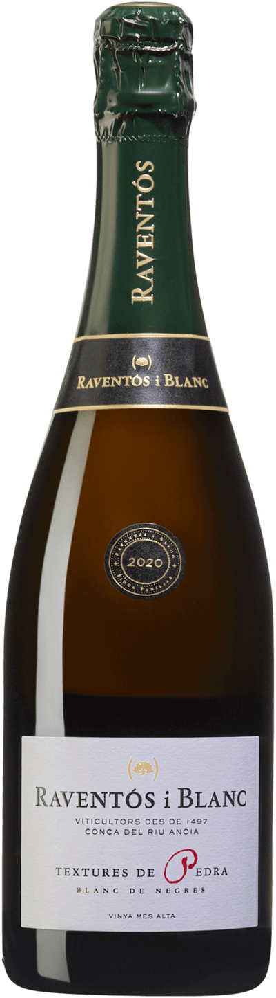 En glasflaska med Raventós i Blanc Textures de Pedra 2020, ett mousserande vin från Spanien