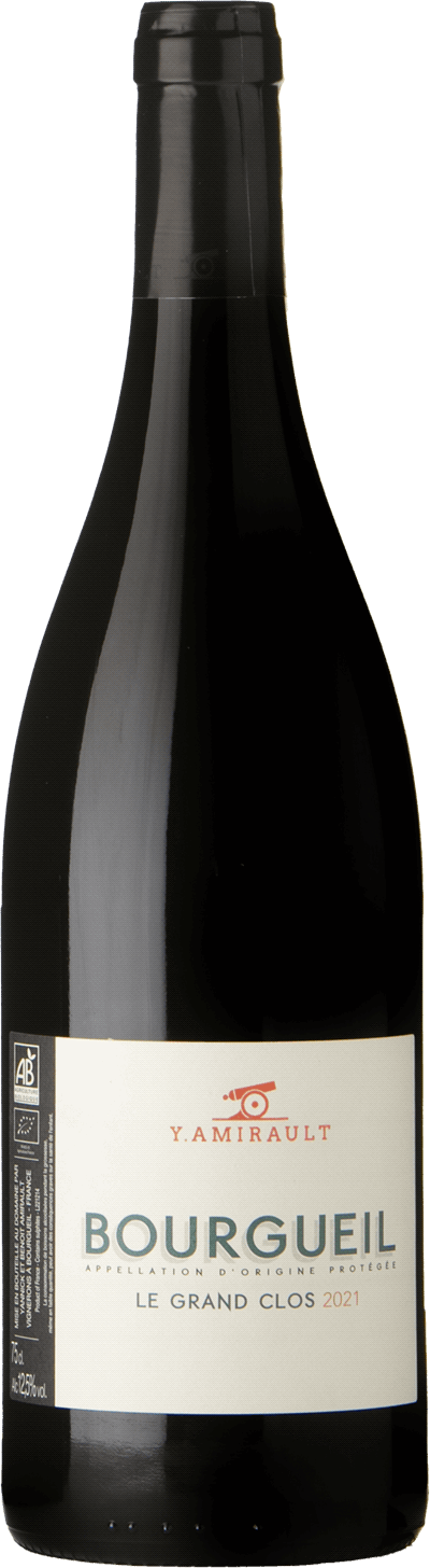En lättare glasflaska med Yannick Amirault Le Grand Clos Bourgeuil 2022, ett rött vin från Loiredalen i Frankrike