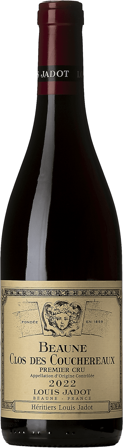 En glasflaska med Domaine de Héritiers Louis Jadot Beaune Premier Cru Clos des Couchereaux 2022, ett rött vin från Bourgogne i Frankrike