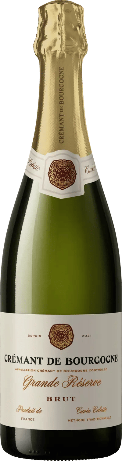 En glasflaska med Crémant de Bourgogne, ett mousserande vin från Bourgogne i Frankrike