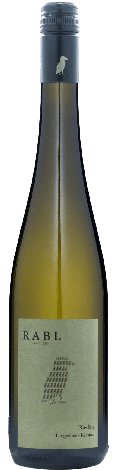 En glasflaska med Rabl Riesling Langenlois 2023, ett vitt vin från Niederösterreich i Österrike