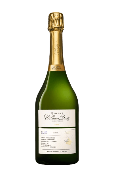 En glasflaska med Champagne Deutz Hommage à William Deutz La Cote Glaciere 2018, ett champagne från Champagne i Frankrike