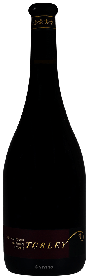 En glasflaska med Turley Juvenile Zinfandel 2022, ett rött vin från Kalifornien i USA