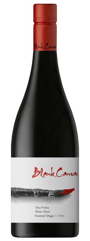 En glasflaska med Blank Canvas Wines Una Volta Pinot Noir 2020, ett rött vin från Central Otago i Nya Zeeland