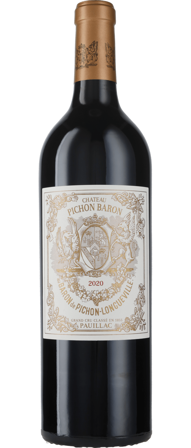 En glasflaska med Château Pichon-Baron 2019, ett rött vin från Bordeaux i Frankrike