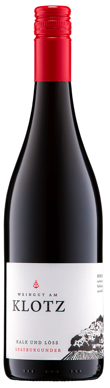 En glasflaska med Weingut Am Klotz Kalk & Löss Spätburgunder 2022, ett rött vin från Baden i Tyskland