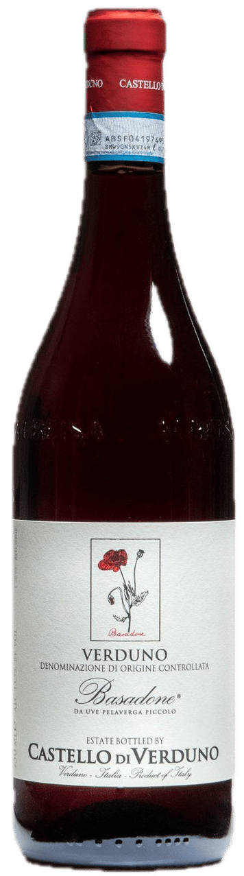 En lättare glasflaska med Castello di Verduno Basadone Pelaverga 2023, ett rött vin från Piemonte i Italien