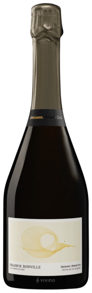 En glasflaska med Franck Bonville Unisson Grand Cru Blanc de Blancs, ett champagne från Champagne i Frankrike
