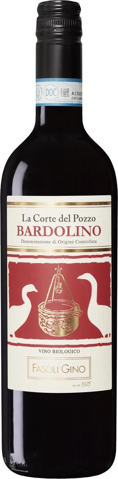 En lättare glasflaska med Fasoli Gino La Corte del Pozzo Bardolino 2021, ett rött vin från Venetien i Italien