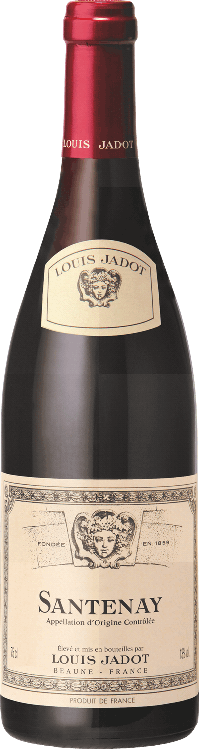 En glasflaska med Louis Jadot Santenay 2020, ett rött vin från Bourgogne i Frankrike