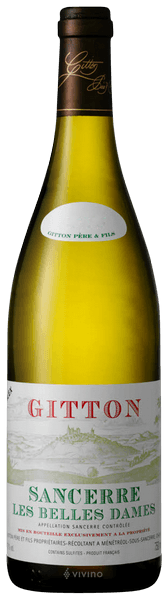 En glasflaska med Sancerre Les Belles Dames, ett vitt vin från Loiredalen i Frankrike