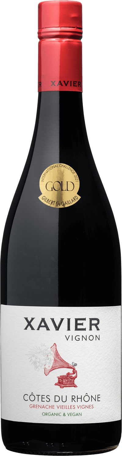 En lättare glasflaska med Xavier Vignon Côtes-du-Rhône Grenache Vieilles Vignes Organic 2021, ett rött vin från Rhonedalen i Frankrike