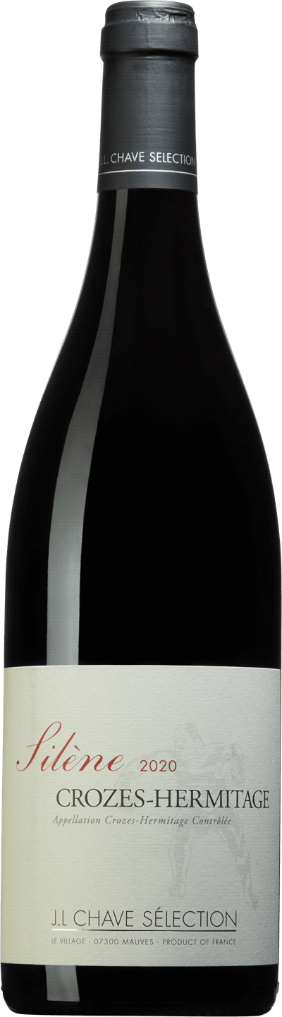 En glasflaska med JL Chave Sélection Crozes-Hermitage Rouge Silène 2022, ett rött vin från Rhonedalen i Frankrike