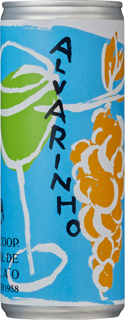En burk med Adega de Monção Alvarinho 2021, ett vitt vin från Vinho Verde i Portugal