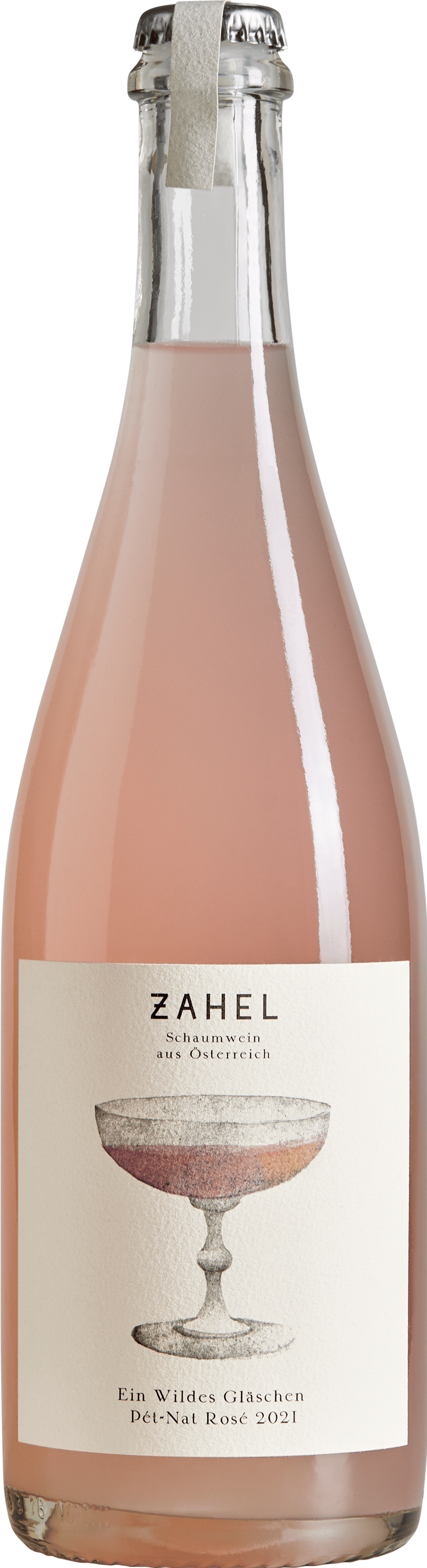 En lättare glasflaska med Weingut Zahel Ein Wildes Gläschen Rosé Pét-Nat 2021, en mousserande från Österrike