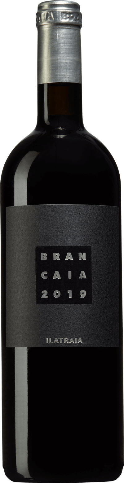 En glasflaska med Brancaia Ilatraia 2020, ett rött vin från Toscana i Italien