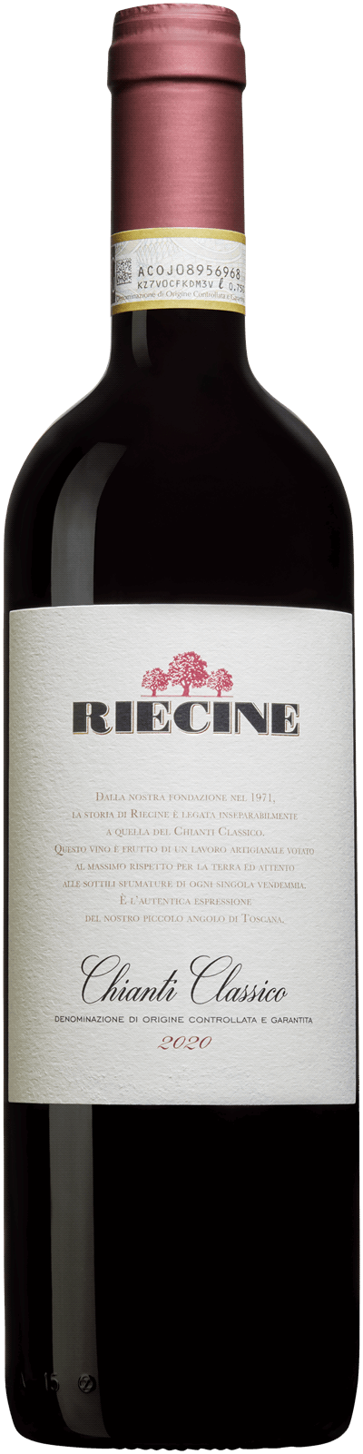 En glasflaska med Riecine Chianti Classico 2022, ett rött vin från Toscana i Italien