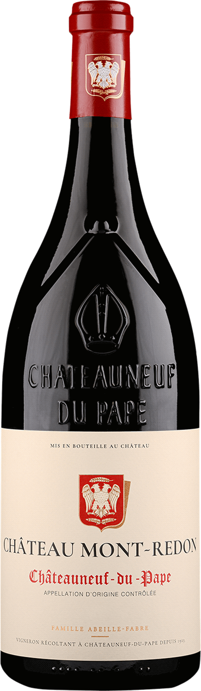 En glasflaska med Château Mont-Redon Châteauneuf-du-Pape 2018, ett rött vin från Rhonedalen i Frankrike