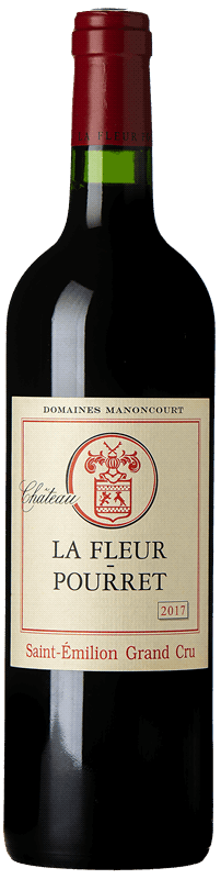 En glasflaska med Château Fleur Pourret 2018, ett rött vin från Bordeaux i Frankrike