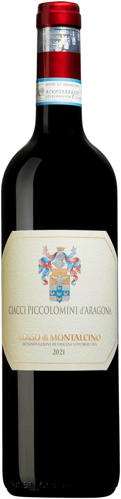 En glasflaska med Ciacci Piccolomini Rosso di Montalcino 2022, ett rött vin från Toscana i Italien