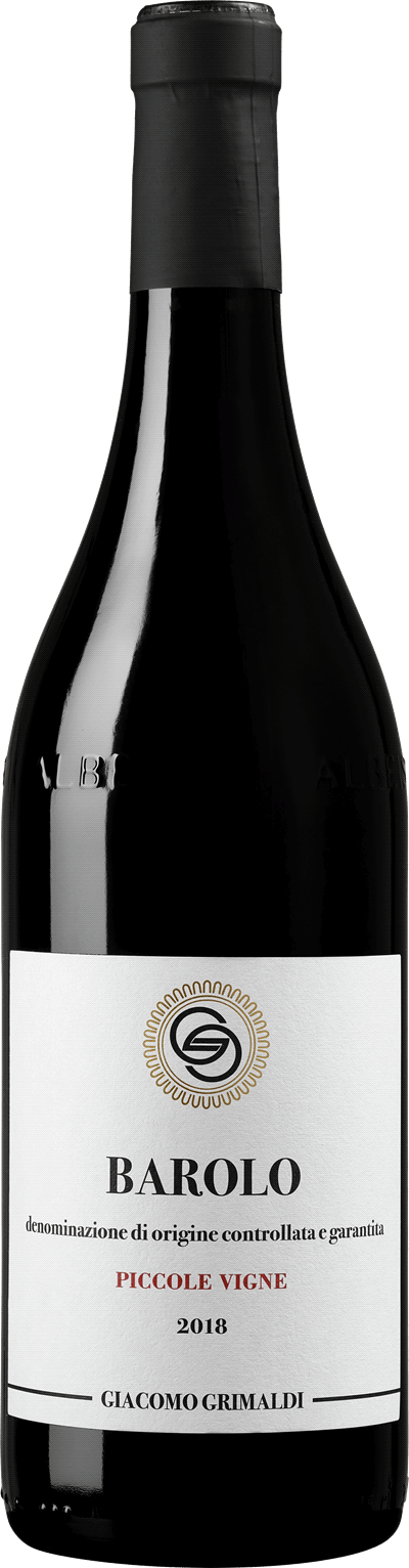 En glasflaska med Giacomo Grimaldi Barolo Piccole Vigne 2018, ett rött vin från Piemonte i Italien
