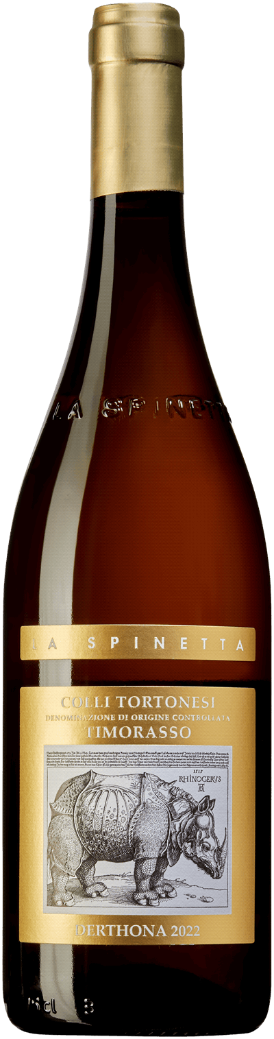 En glasflaska med La Spinetta Timorasso 2022, ett vitt vin från Western Cape i Sydafrika
