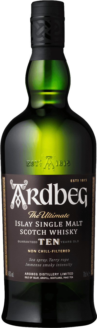 En glasflaska med Ardbeg Ten Years, en whisky från Skottland i Storbritannien
