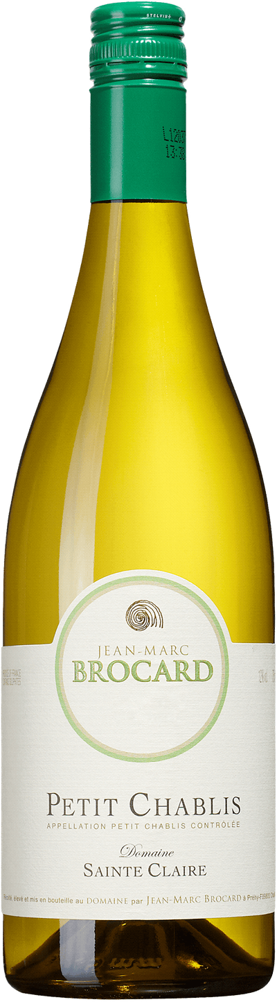 En lättare glasflaska med Petit Chablis Domaine Sainte Claire J M Brocard 2022, ett vitt vin från Bourgogne i Frankrike