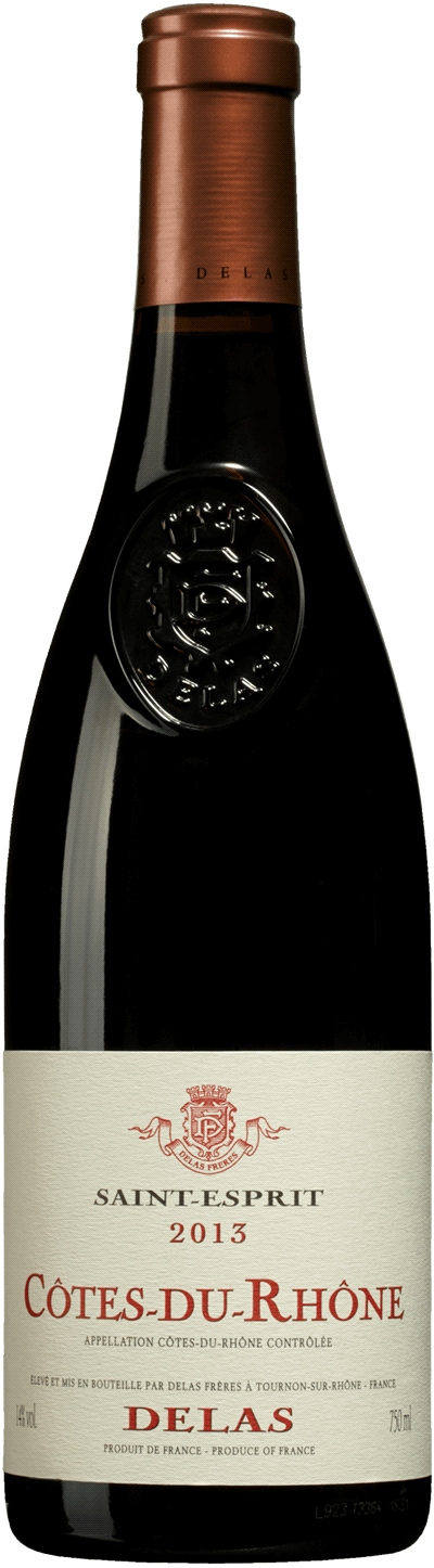 En glasflaska med Delas Saint-Esprit Côtes-du-Rhône 2021, ett rött vin från Rhonedalen i Frankrike