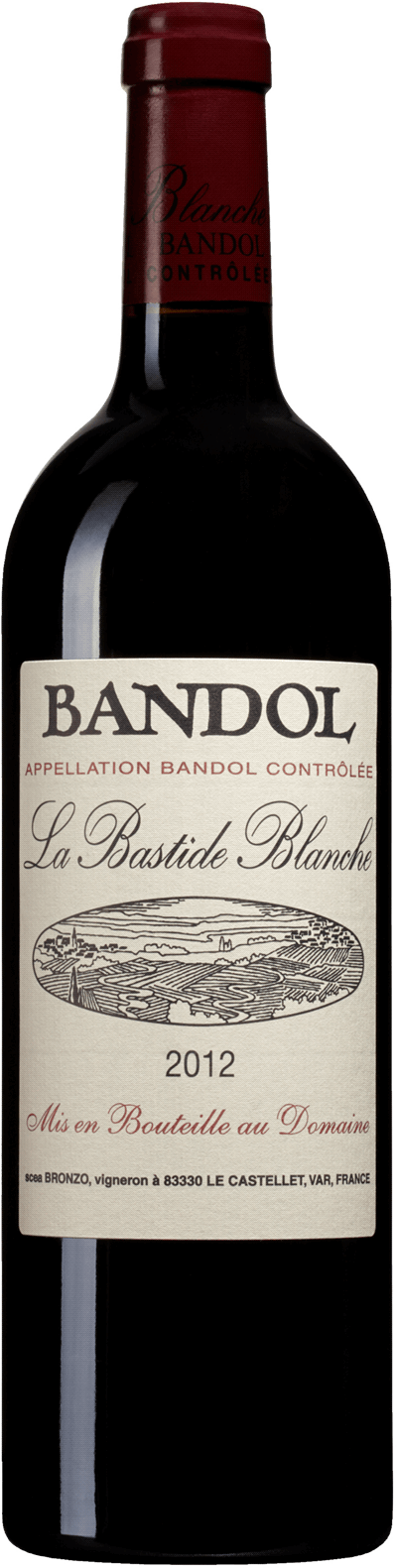 En lättare glasflaska med La Bastide Blance 2020, ett rött vin från Provence i Frankrike