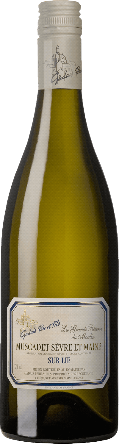 En glasflaska med Muscadet Sèvre et Maine sur lie 2022, ett vitt vin från Loiredalen i Frankrike