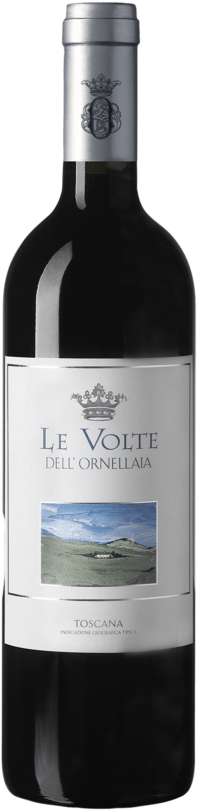 En glasflaska med Le Volte dell'Ornellaia 2021, ett rött vin från Toscana i Italien