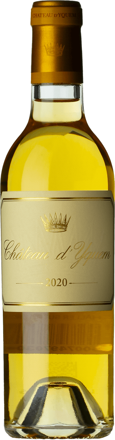 En glasflaska med Château d'Yquem, ett vitt vin från Bordeaux i Frankrike