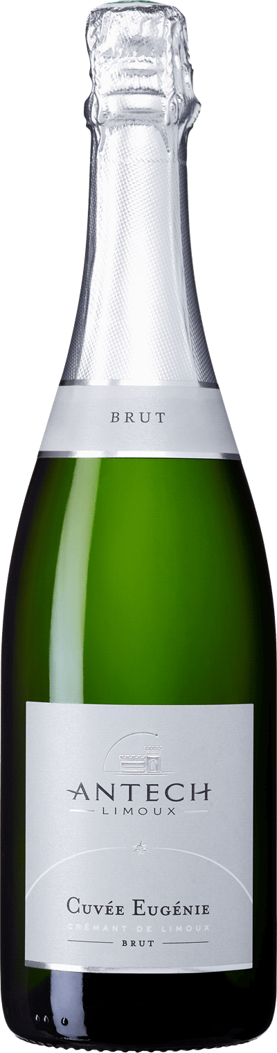 En glasflaska med Antech Cuvée Eugénie Brut 2020, en mousserande från Languedoc-Roussillon i Frankrike